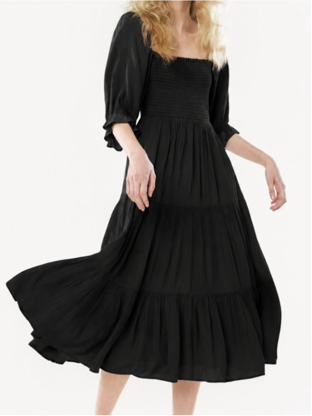 OAK + FORT Smocked Midi Dress Black Large Crinkled Fabric Tiered Skirt Boho Maid